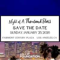 Skyline of los angeles with text overlay "Night of A Thousand Stars. Save the Date, Sunday January 25, 2026. Fairmont Century Plaza, Los Angeles, CA.