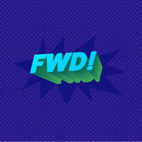 Retro logo with the word "FWD!" in a green to gradient color